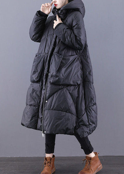 Loose Black Hooded Pockets Duck Down Winter Down Coat