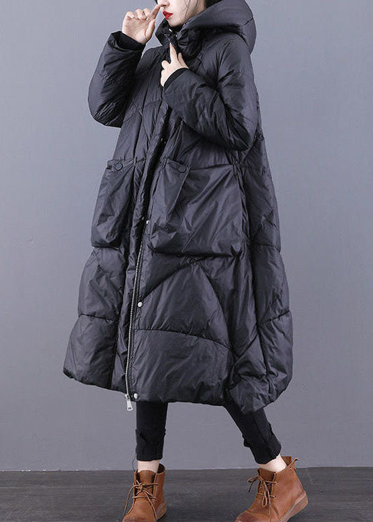 Loose Black Hooded Pockets Duck Down Winter Down Coat