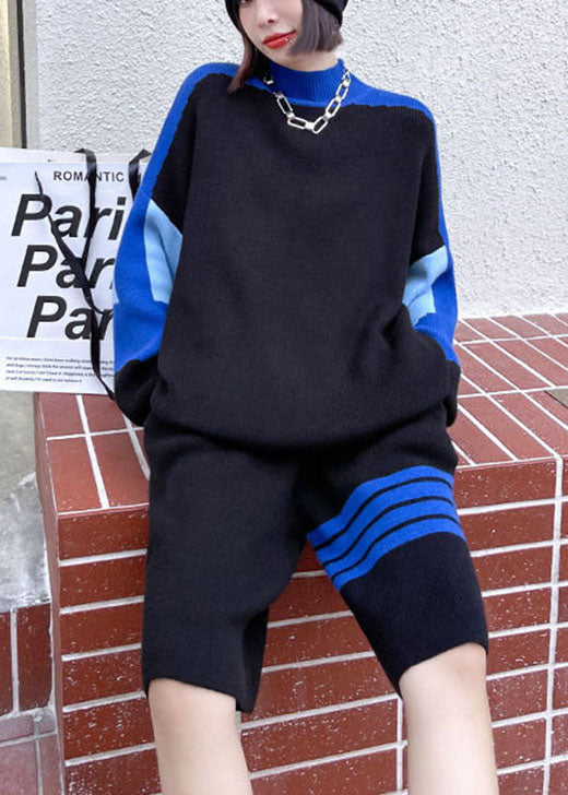 Black Turtleneck Jacquard Fall Long Sleeve Two Pieces Set