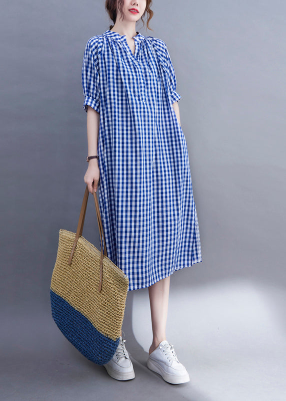 Loose Blue V Neck Side Open Plaid Cotton Dress Short Sleeve