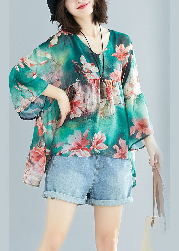 Handmade Green V Neck Patchwork Print Fall Top Three Quarter Sleeve