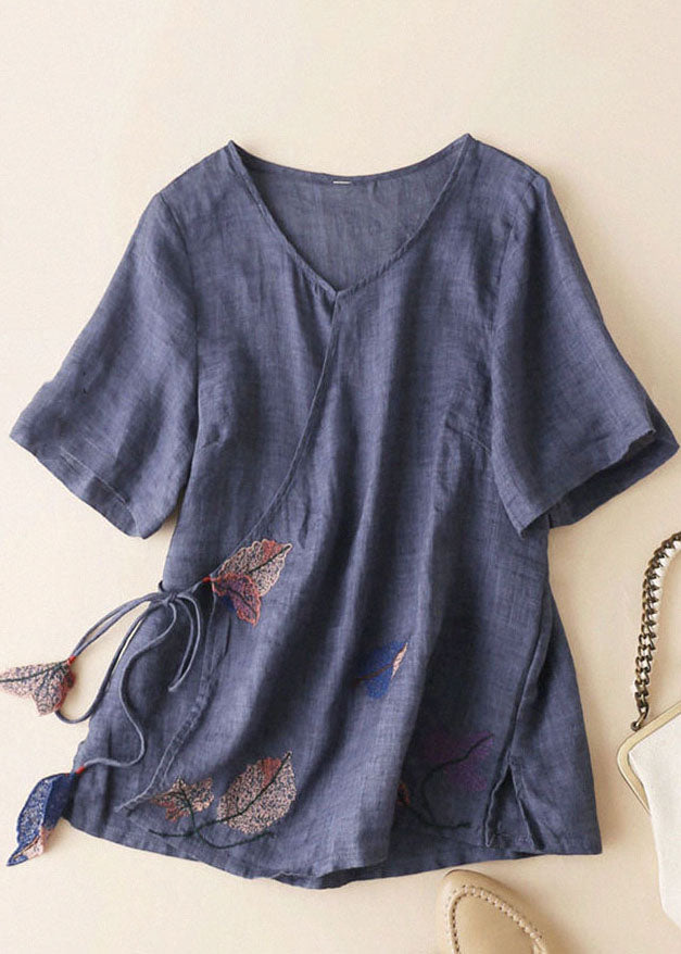 Light Blue V Neck Embroideried Tie Waist Cotton Linen Top Short Sleeve