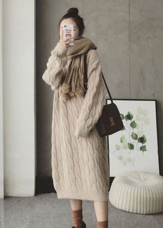 Loose Apricot O-neck Cozy Thick Cashmere Long Knit Sweater Dress Winter