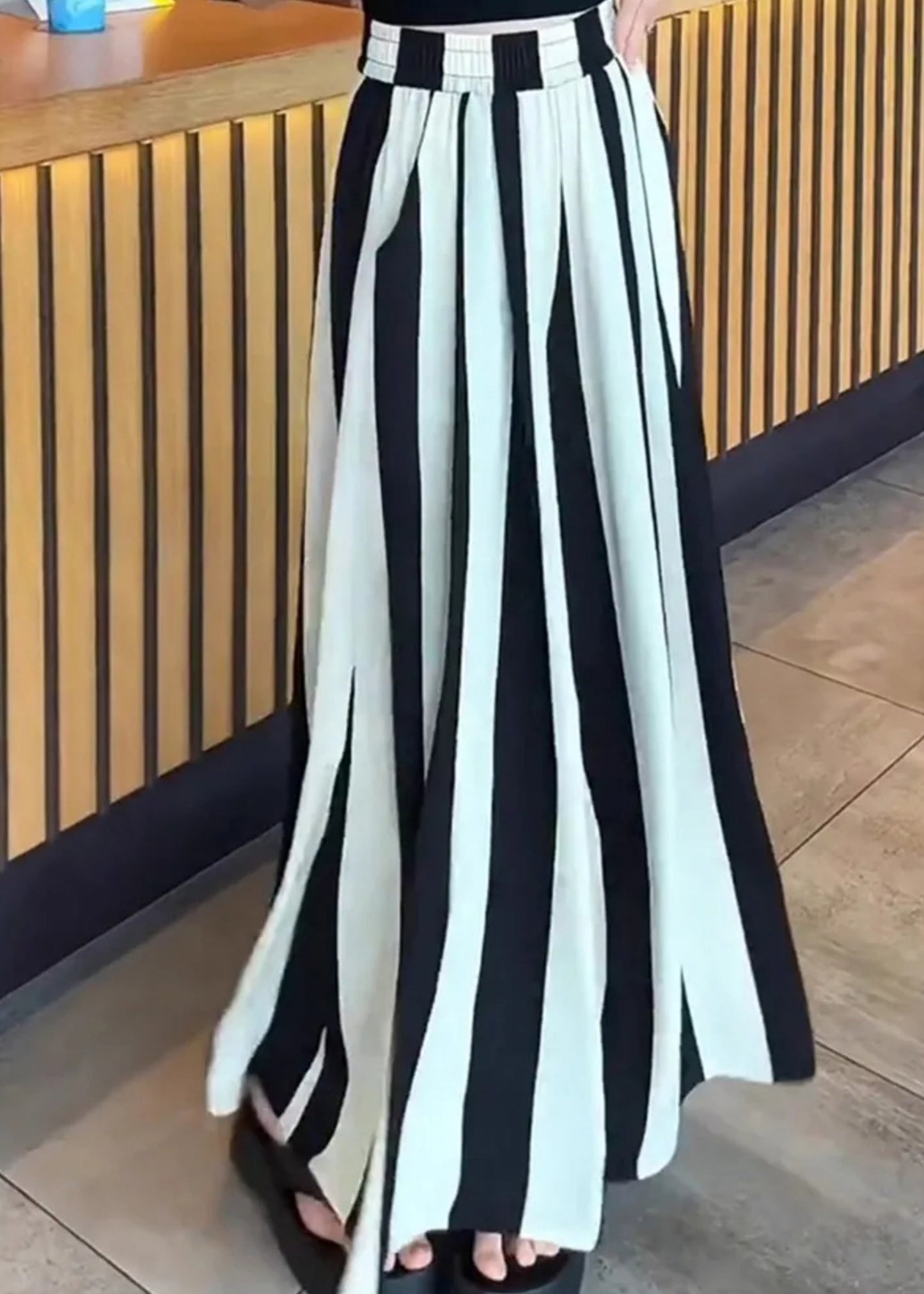 Black White Striped High Waist Wide Leg Pants