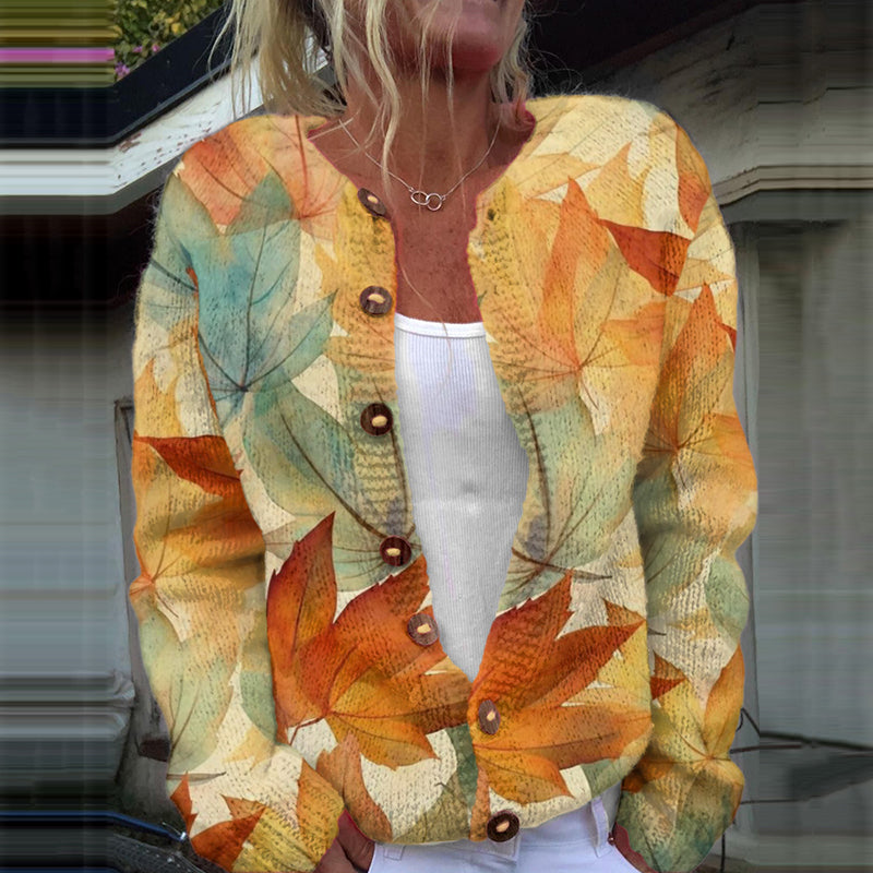 Maple Leaf Print Knitted Cardigan artswardrobe