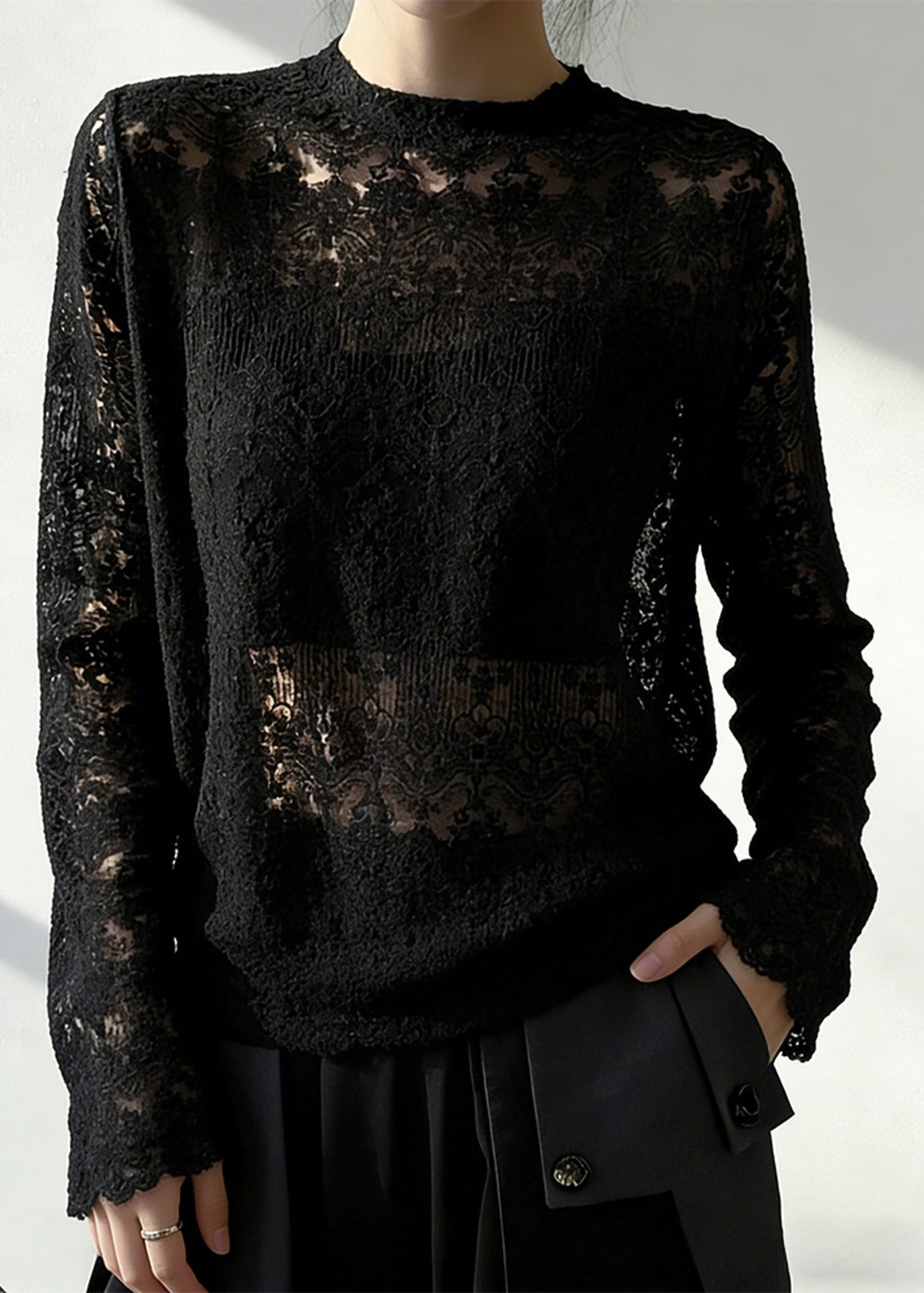 Black Jacquard Hollow Out Lace Top Spring