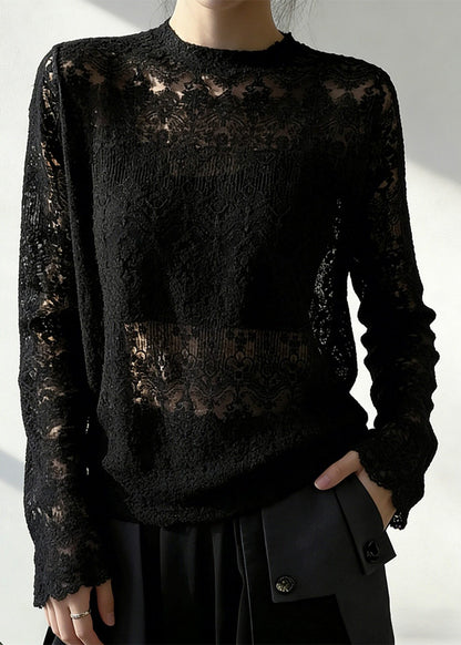 Black Jacquard Hollow Out Lace Top Spring