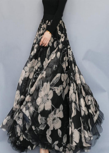 Black Print Exra Large Hem Chiffon Skirts Spring