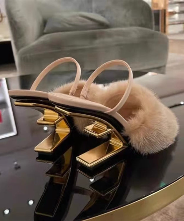 Novelty Apricot Mink Hair Slide Sandals Alien Heel