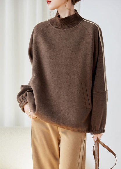 Khaki Striped Patchwork Drawstring Thick Pullover Fall