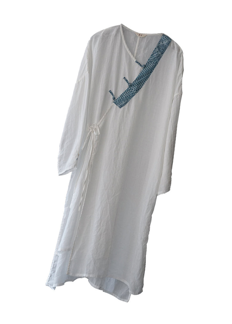 Art White Button Tie Waist Asymmetrical Linen Long Dress Spring