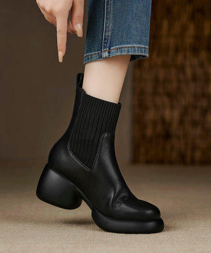 Black Elastic Fabric Splicing Cowhide Leather Chunky Boots