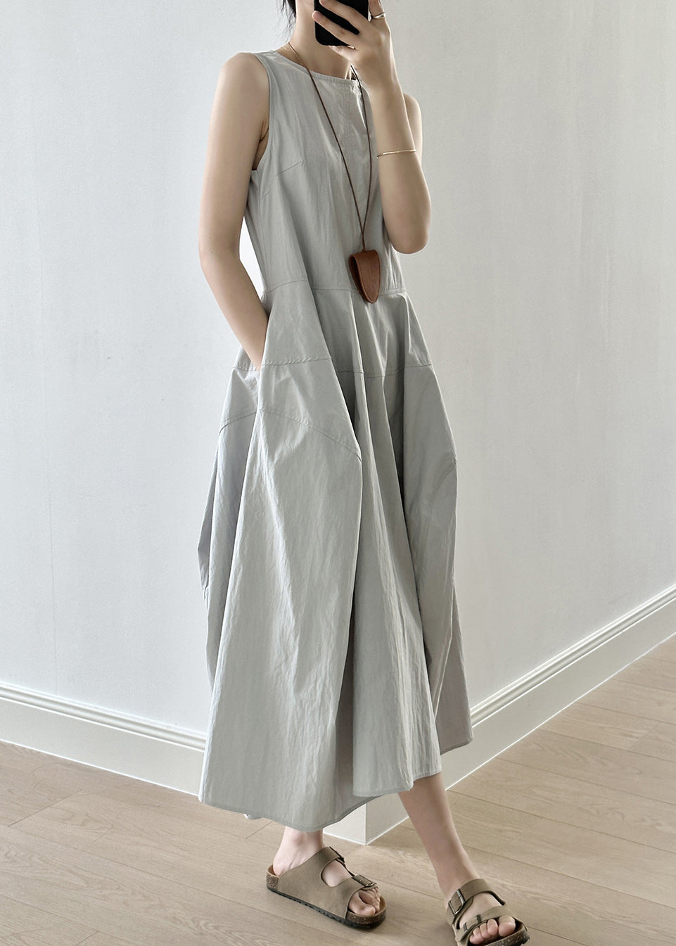 Green Patchwork Cotton Long Dress Zippered Fall
