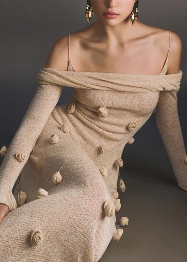 Novelty Beige Slash Neck Knit Maxi Dresses Fall
