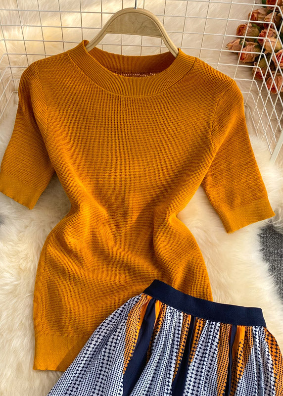Organic Orange Knit Top and Skirts Two Piece Set Clothing Summer