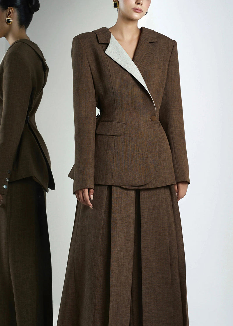 Brown Peter Pan Collar Patchwork Suit Coats Fall