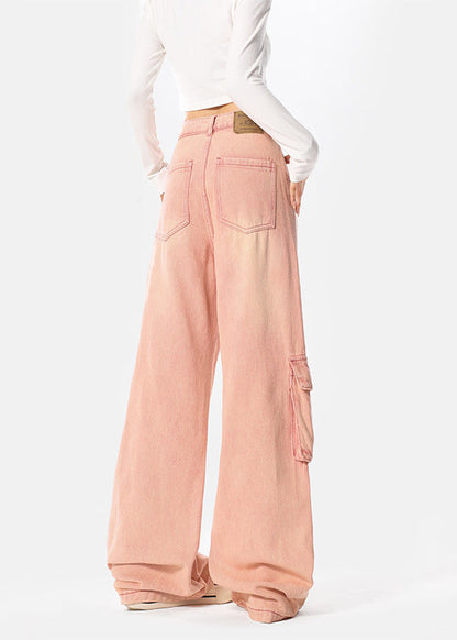 Italian Pink Embroideried Pockets Denim Wide Leg Pants Spring