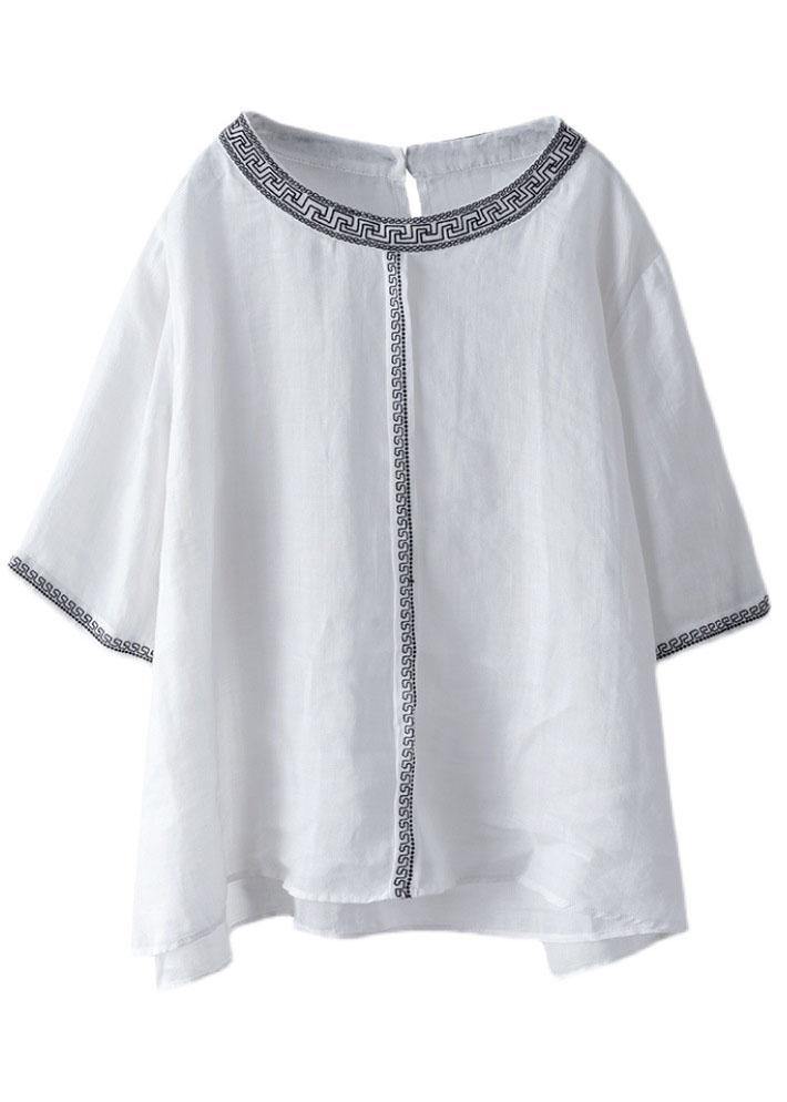 Natural Black O-neck Embroideried Summer Ramie Blouses Half Sleeve