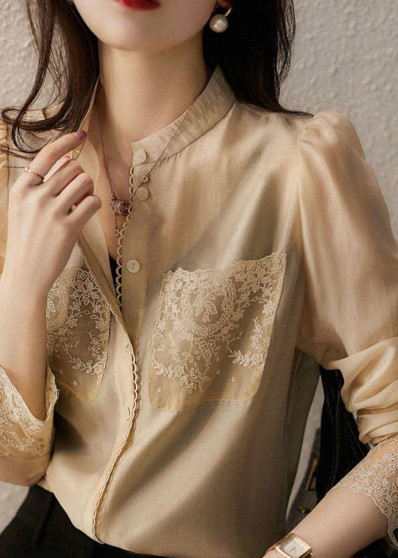 Apricot Stand Collar Button Lace Patchwork Chiffon Blouse Top Spring