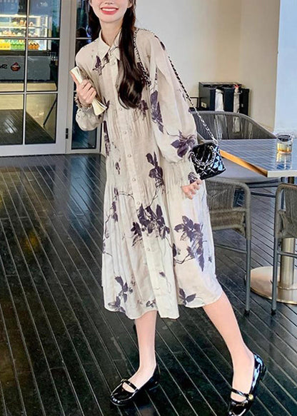 Chinese Style Wrinkled Print Button Collar Long Dresses Lantern Sleeve Spring