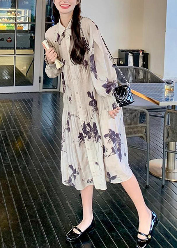 Chinese Style Wrinkled Print Button Collar Long Dresses Lantern Sleeve Spring