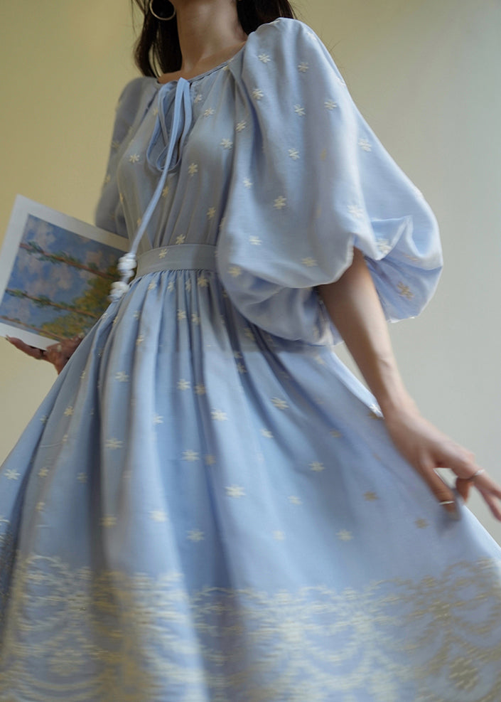 Blue Embroidered Patchwork Top and Skirts Two Pieces Set Lantern Sleeve