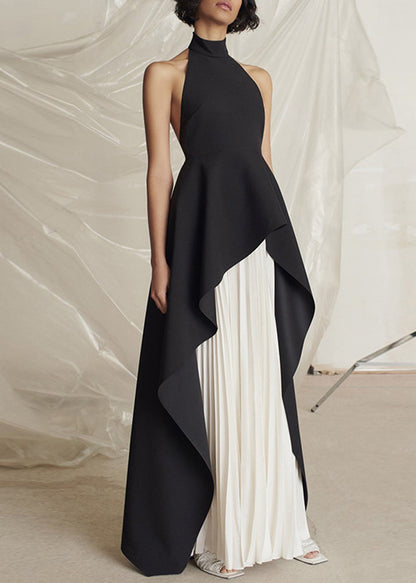 Black Turtleneck Asymmetrical Patchwork Maxi Vestidos Dresses Sleeveless Summer