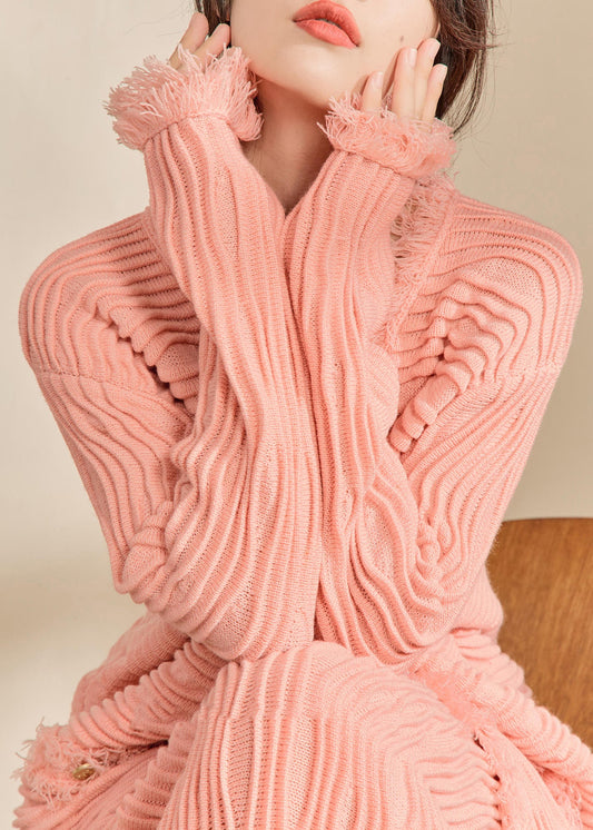 Pink V Neck Button Tassel Knit Cardiga Fall
