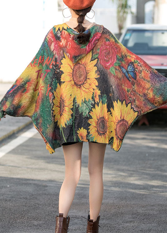 Bat Wing Sleeve Hooded Print Zippered Fall Knit Coat