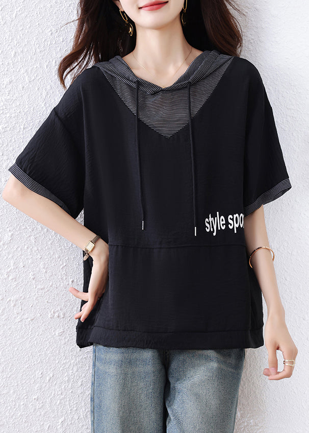Black Hooded Patchwork Cotton Sweatshirt Summer