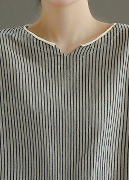Grey V Neck Striped Patchwork Linen Tank Tops Short Sleeve