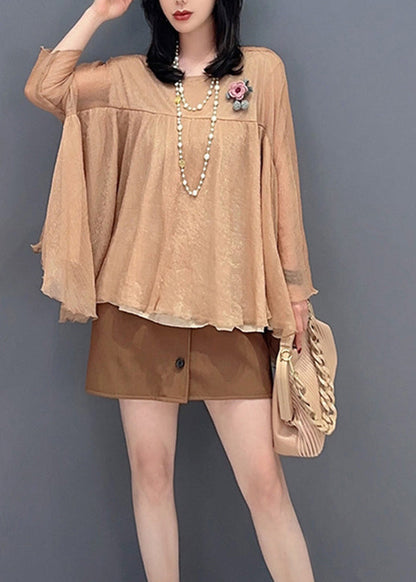 Loose Khaki O-neck Patchwork Tulle Tops Long Sleeve