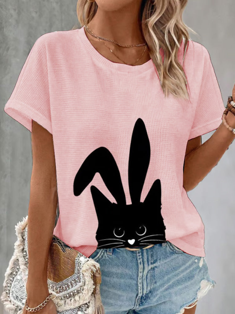 Comstylish Women's Easter Cute Cat Waffle T-shirt
