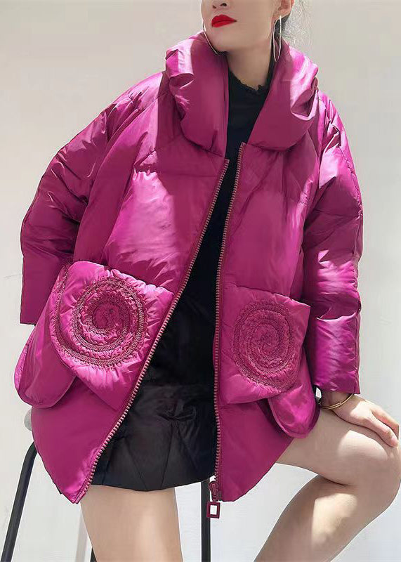 Orange Zip Up Pockets Patchwork Duck Down Down Coats Winter