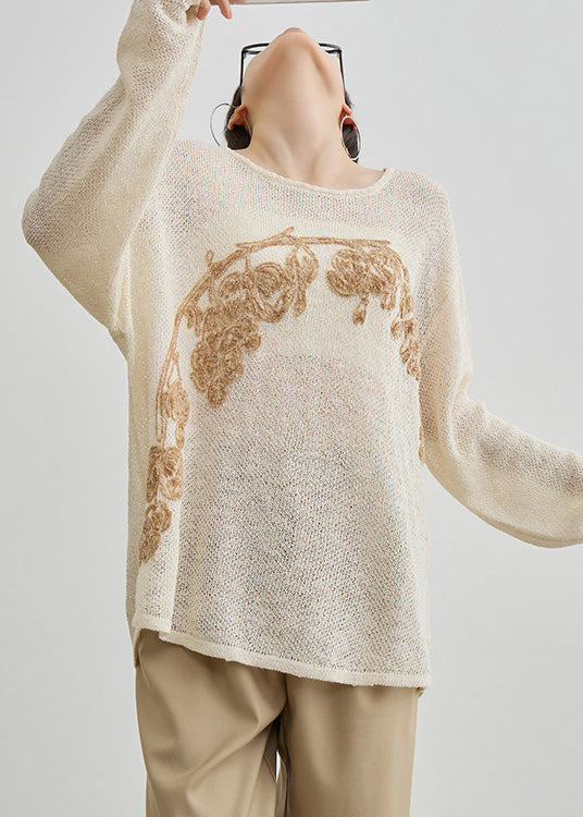 Apricot O Neck Embroidered Knit Top Fall