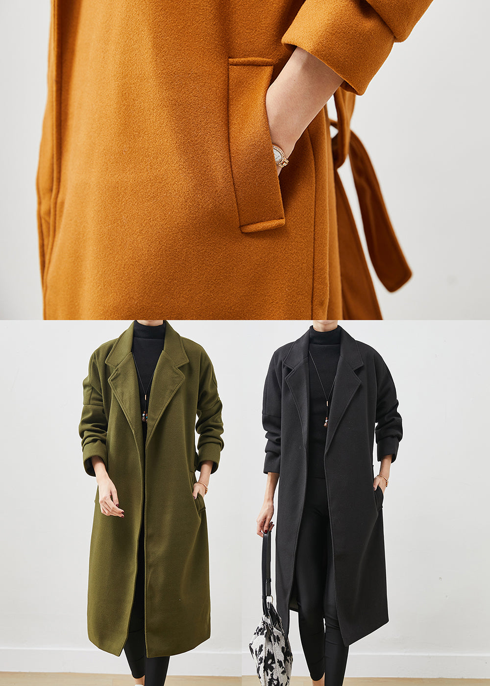 Orange Oversized Tie Waist Woolen Coat Spring