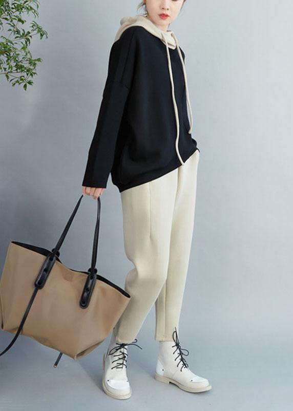 Black Loose Hooded Patchwork Fall Drawstring Sweatshirts Top