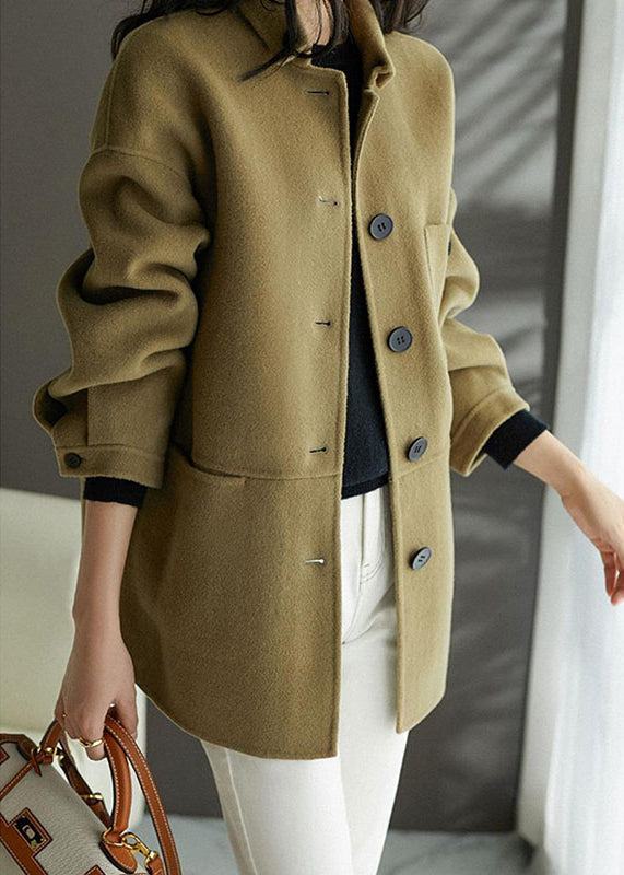 Loose Earthy Yellow Button Pockets Patchwork Woolen Coats Fall