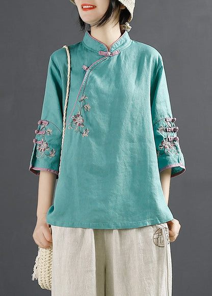 Green Embroideried Button Tops Half Sleeve