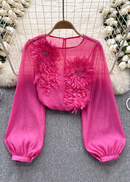 Yellow O Neck Chiffon Shirts Long Sleeve