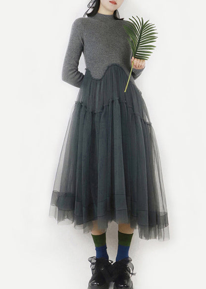 Art Dark Gray Asymmetrical Tulle Patchwork Sweater Dress Spring