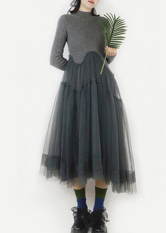 Art Dark Gray Asymmetrical Tulle Patchwork Sweater Dress Spring