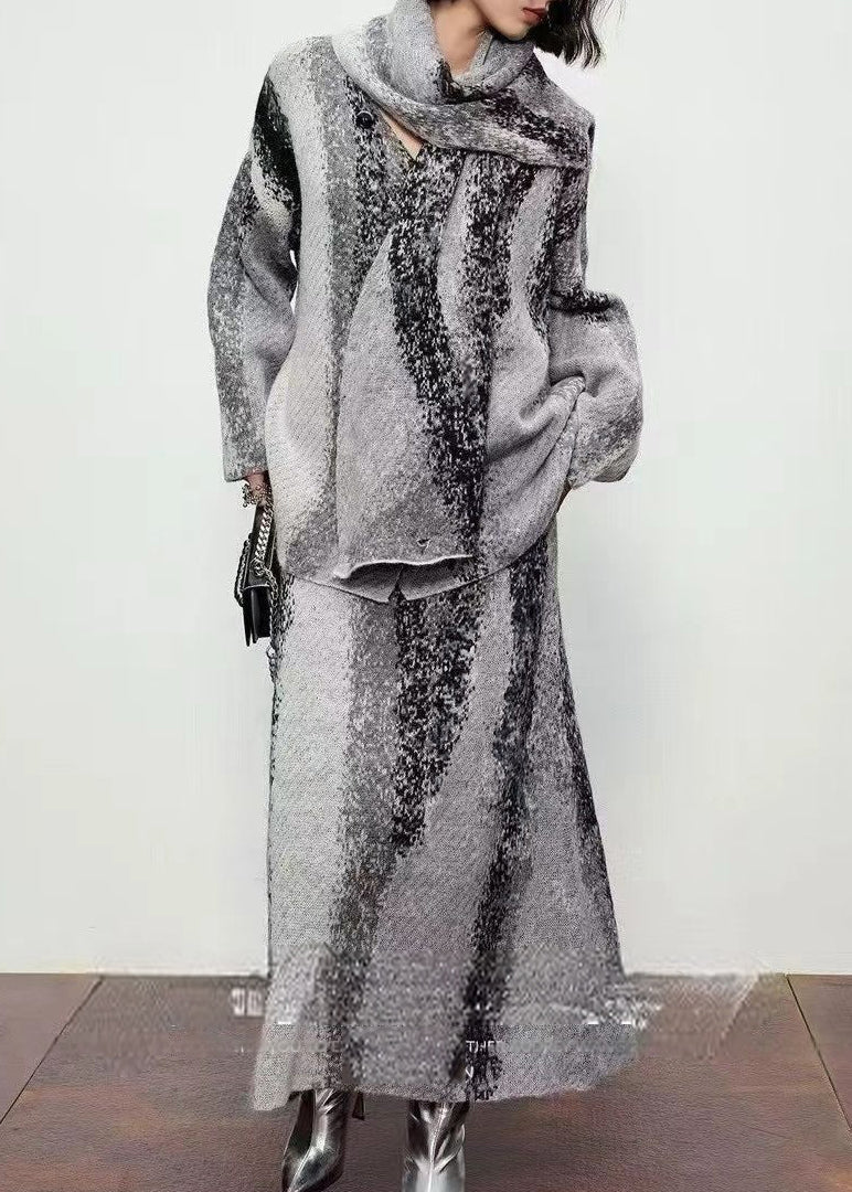 Natural Grey Print Wool Cardigan ,scarf and Maxi Skirts Three Piece Set Fall