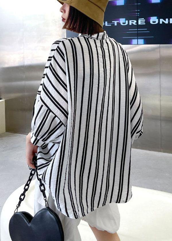 Black White Striped Pockets Button Shirt Tops Summer