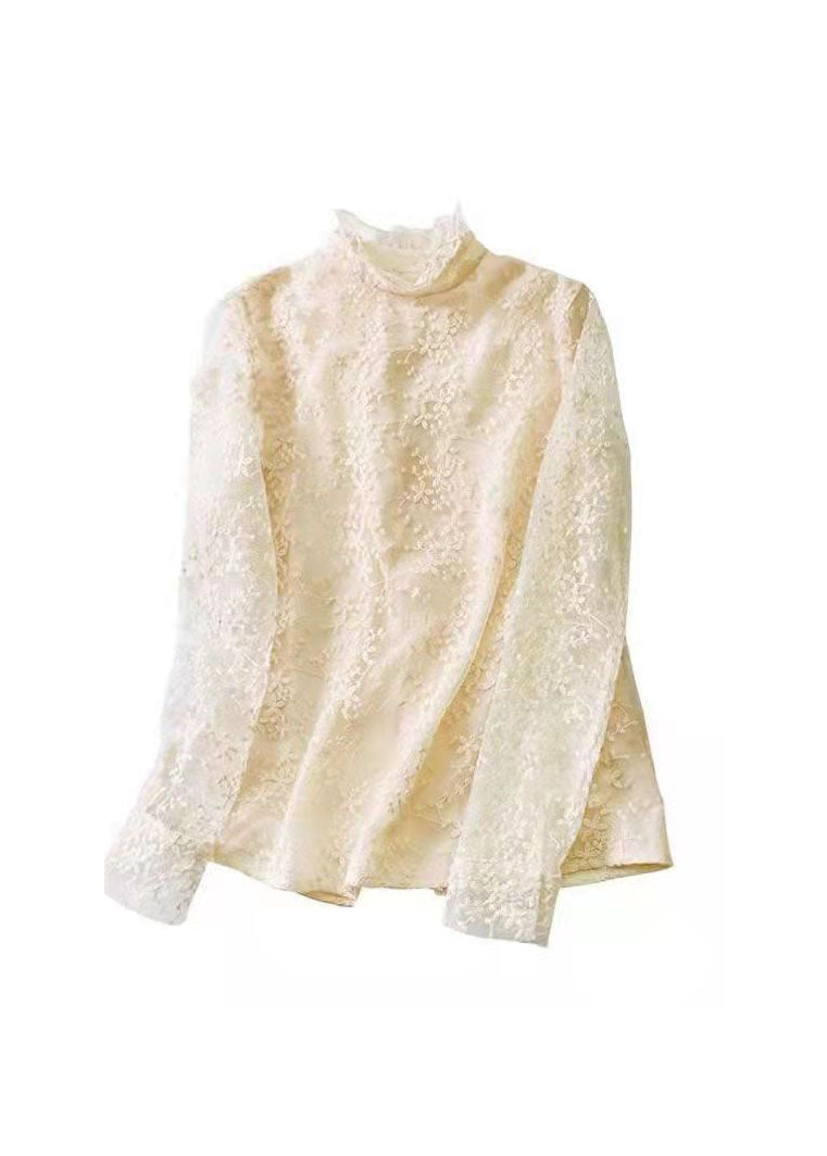 Fitted Milky White Zippered Turtle Neck Lace Tops Spring