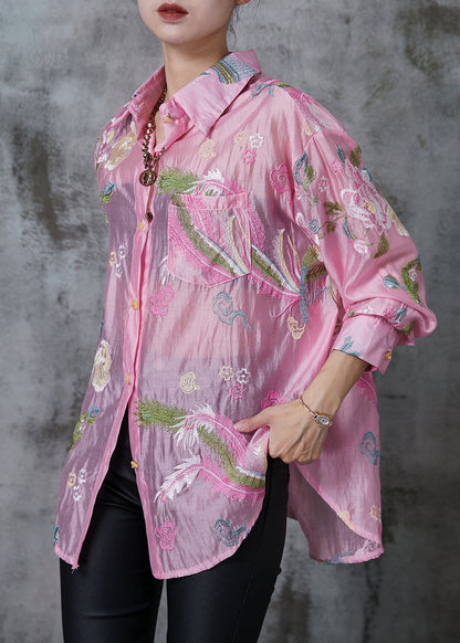Style Pink Embroidered Linen Silk Upf 50+ Top Summer