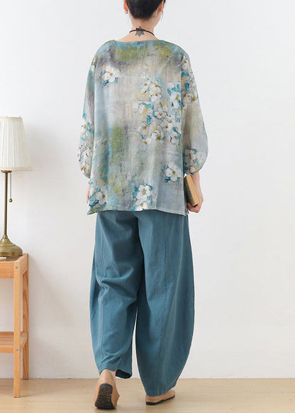 Boutique Blue Green Print Button Linen Shirt Tops Three Quarter Sleeve
