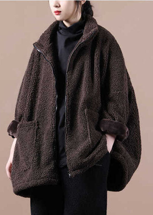 Chocolate Warm Teddy Faux Fur Loose Coats Zip Up Batwing Sleeve