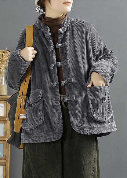 Brown Chinese Button Pockets Corduroy Coats Spring