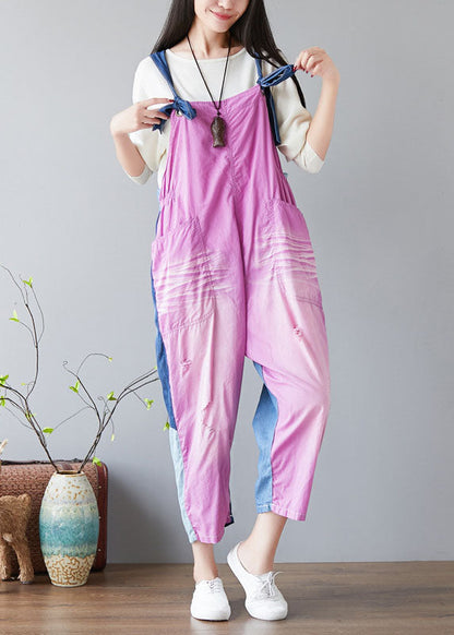 Purple Oversized Patchwork Applique Cotton Overalls Jumpsuit Spring